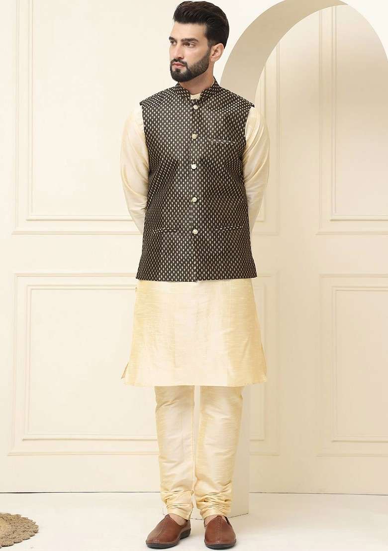 Gold Solid Cotton Kurta Set For Men - Indya