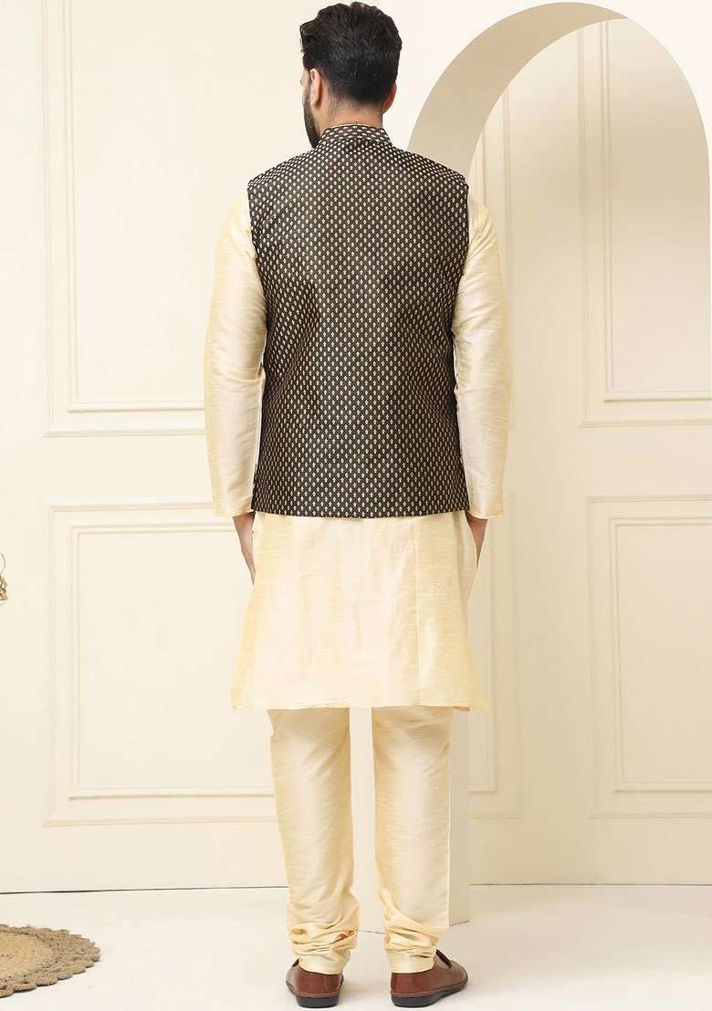 Gold Solid Cotton Kurta Set For Men - Indya