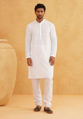 White Thread Work Cotton Kurta Set For Men