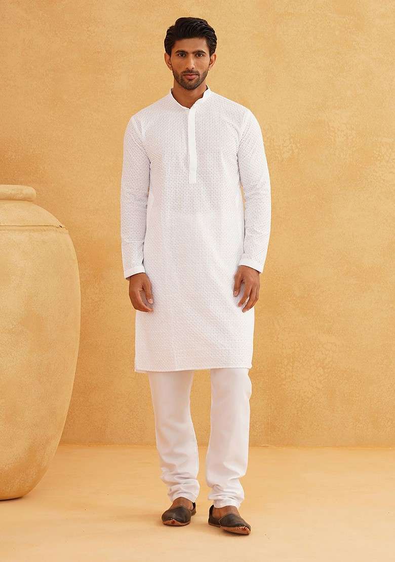 White Thread Work Cotton Kurta Set For Men - Indya