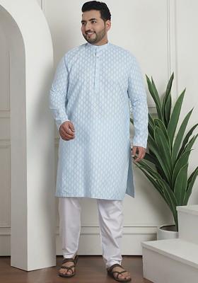 Turquoise Blue Printed Poly Blend Kurta Set For Men