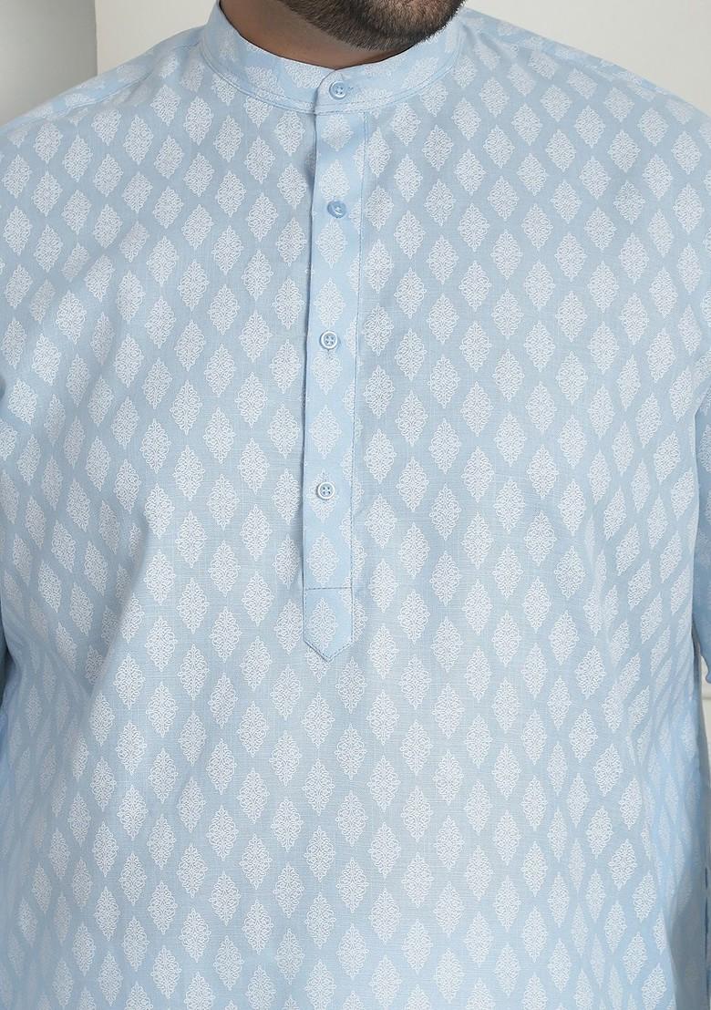 Turquoise Blue Printed Poly Blend Kurta Set For Men