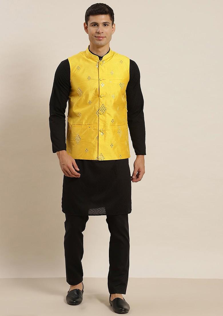 Black Ethnic Motifs Cotton Kurta Set For Men