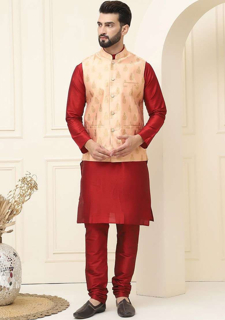 Maroon Solid Cotton Kurta Set For Men - Indya