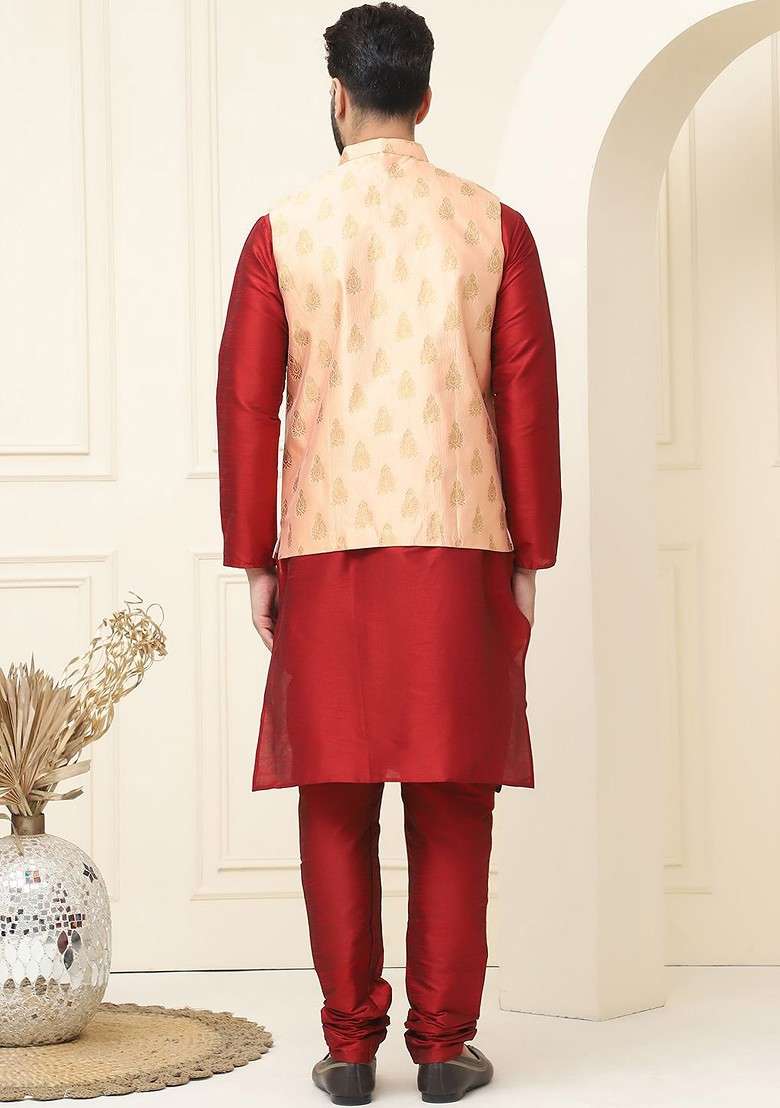 Maroon Solid Cotton Kurta Set For Men - Indya