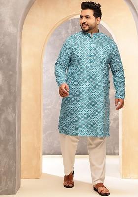 Teal Blue Printed Poly Blend Kurta Set For Men
