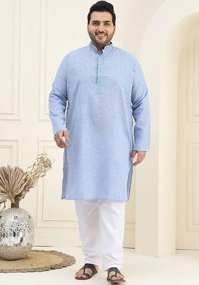 Blue Checked Cotton Kurta Set For Men