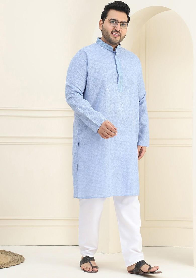 Blue Checked Cotton Kurta Set For Men