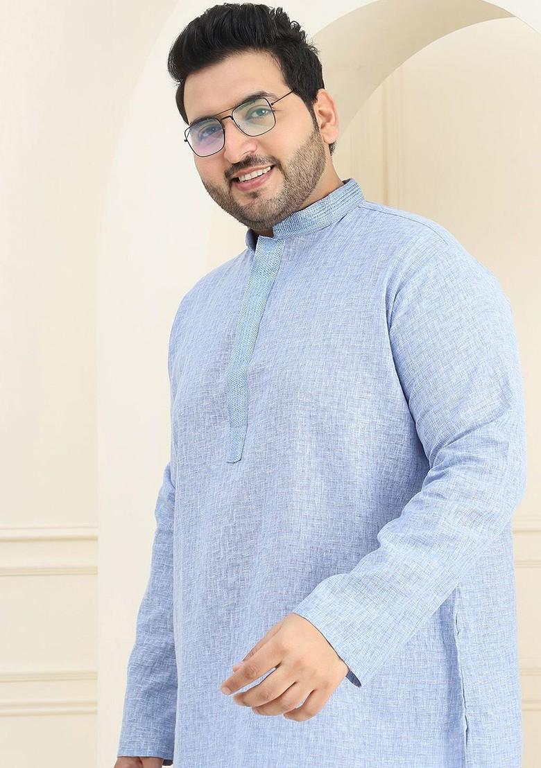 Blue Checked Cotton Kurta Set For Men