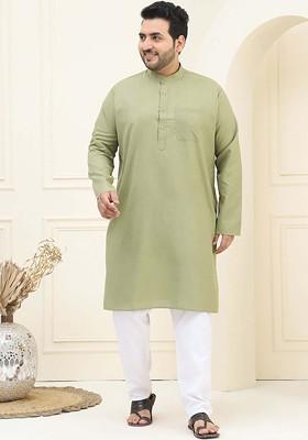 Green Solid Cotton Kurta Set For Men