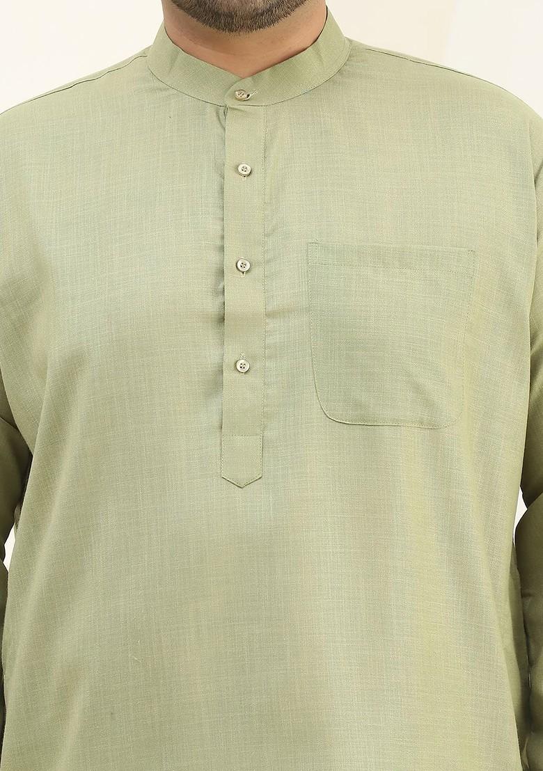 Green Solid Cotton Kurta Set For Men