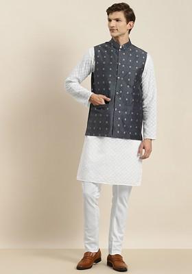 White Chikankari Cotton Kurta Set For Men