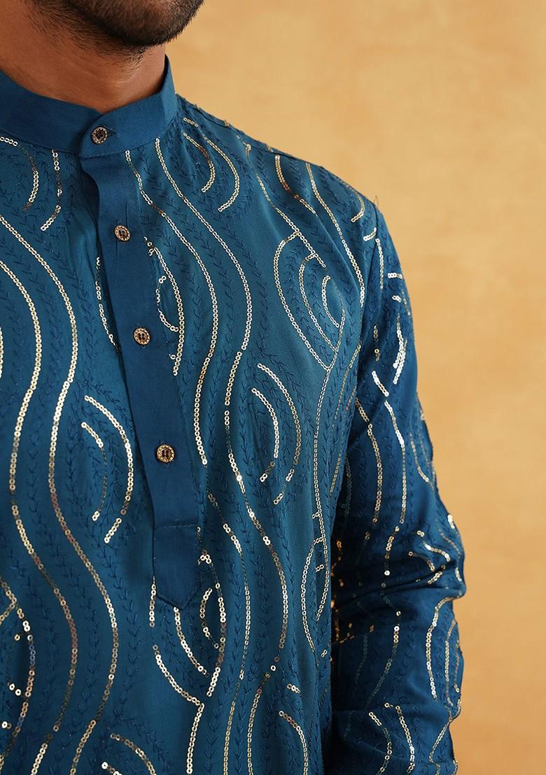 Teal Blue Embroidered Cotton Kurta Set For Men