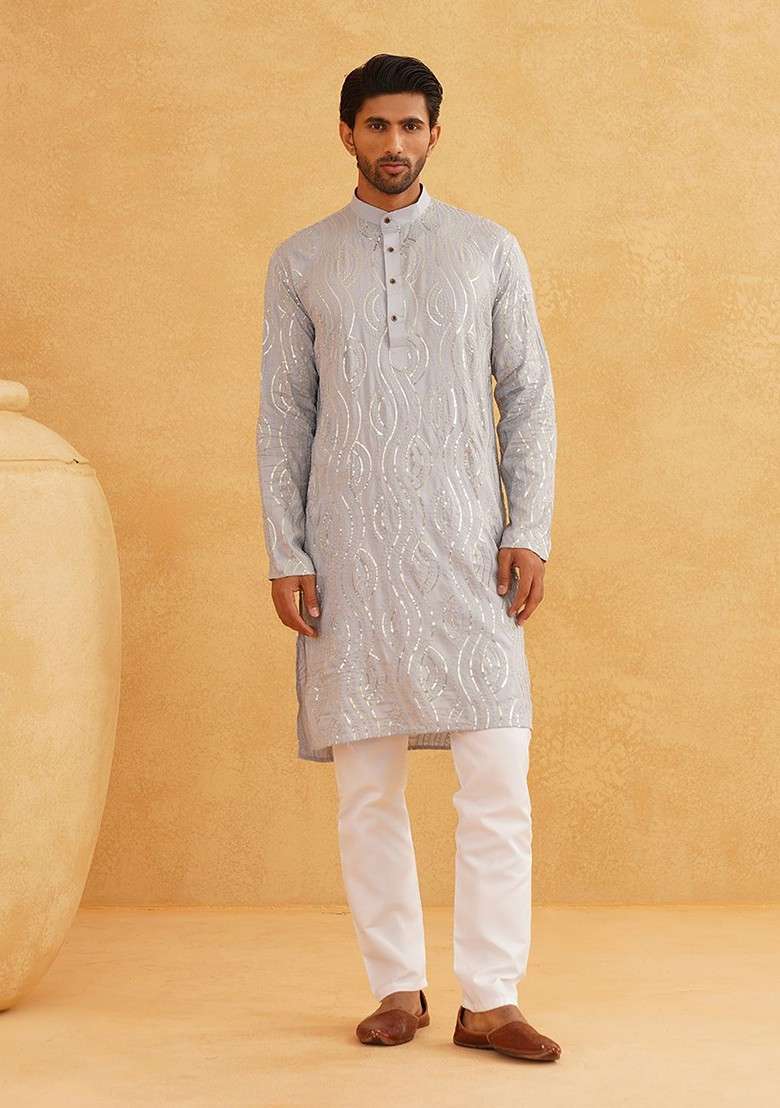 Grey Embroidered Cotton Kurta Set For Men - Indya