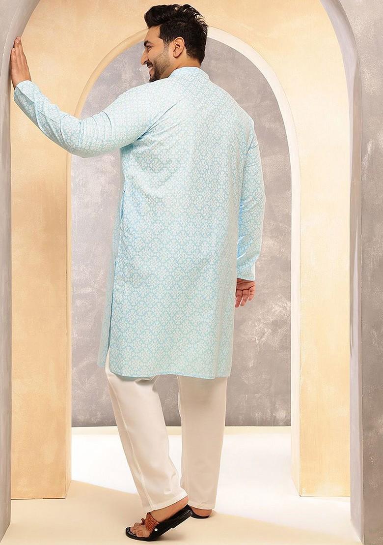 Blue Printed Poly Blend Kurta Set For Men