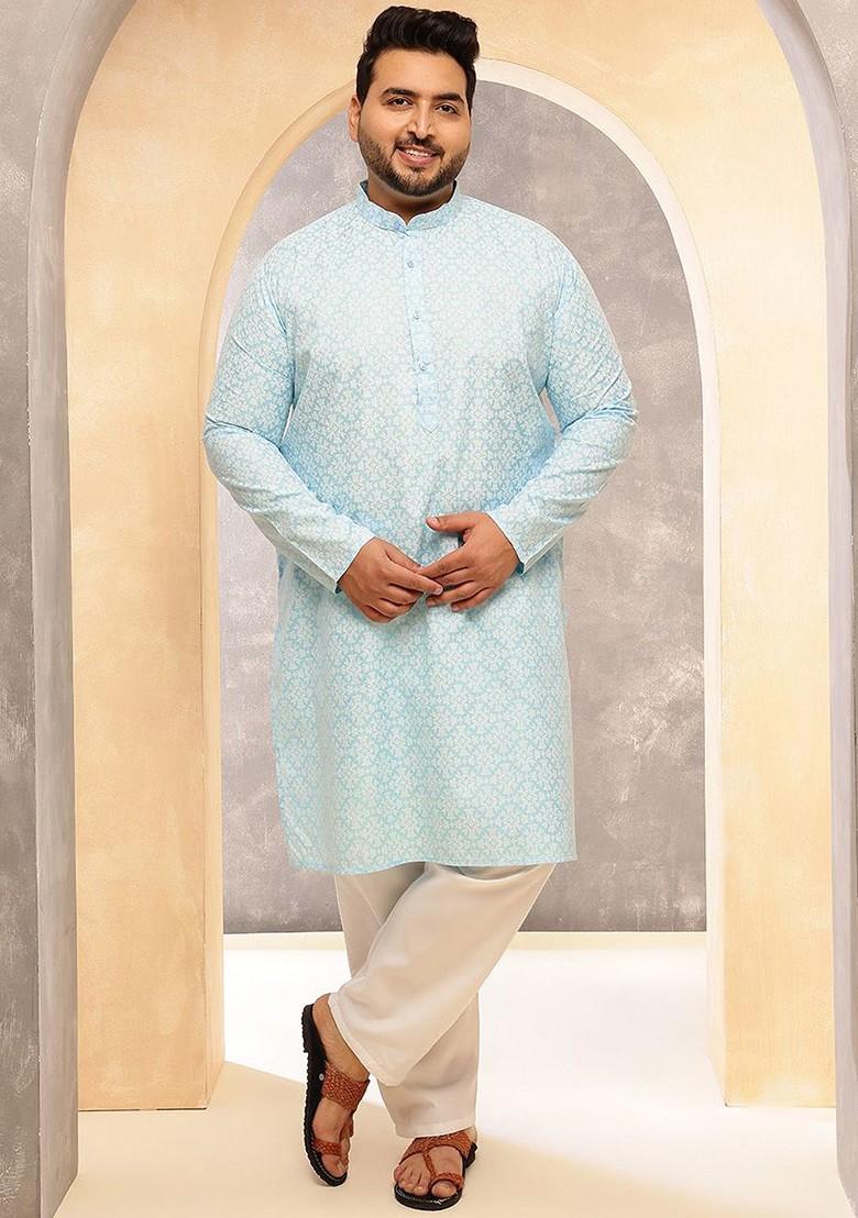Blue Printed Poly Blend Kurta Set For Men