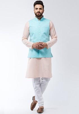 Peach Solid Poly Blend Kurta Set For Men