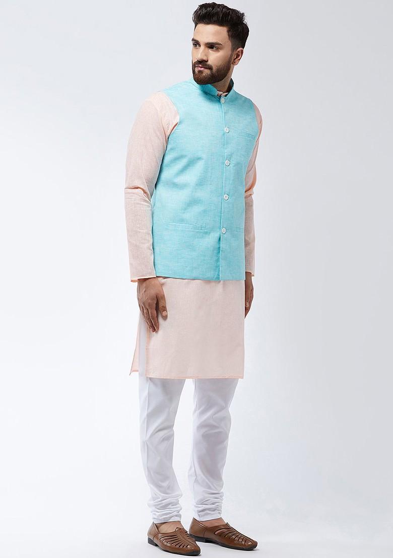 Peach Solid Poly Blend Kurta Set For Men