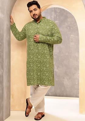 Green Printed Poly Blend Kurta Set For Men