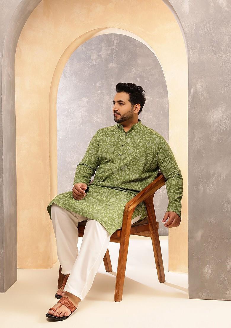 Green Printed Poly Blend Kurta Set For Men