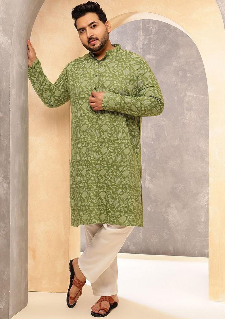 Green Printed Poly Blend Kurta Set For Men