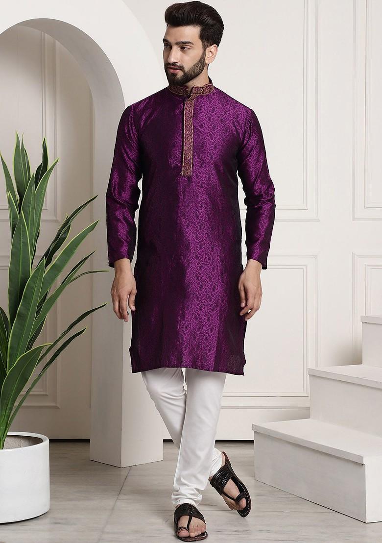 Purple Solid Poly Blend Kurta Set For Men