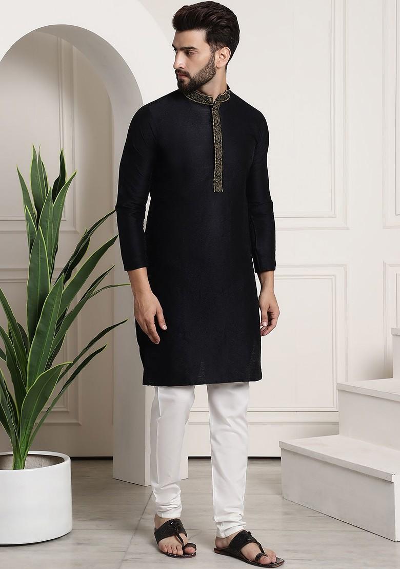 Black Solid Poly Blend Kurta Set For Men