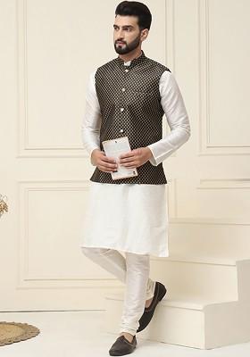 Off White Woven Poly Blend Kurta Set For Men