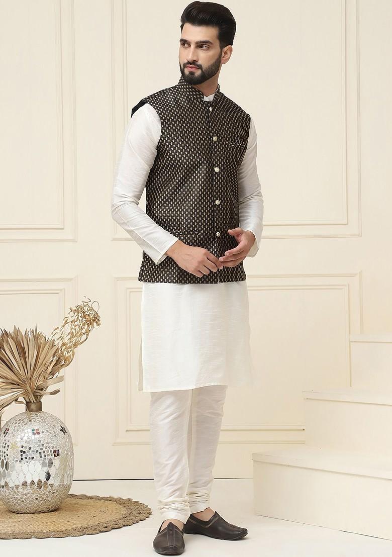 Off White Woven Poly Blend Kurta Set For Men