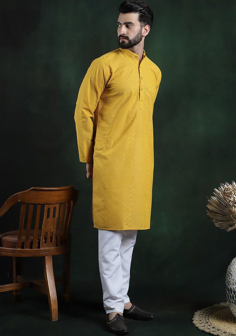Mustard Thread Work Cotton Kurta Set For Men