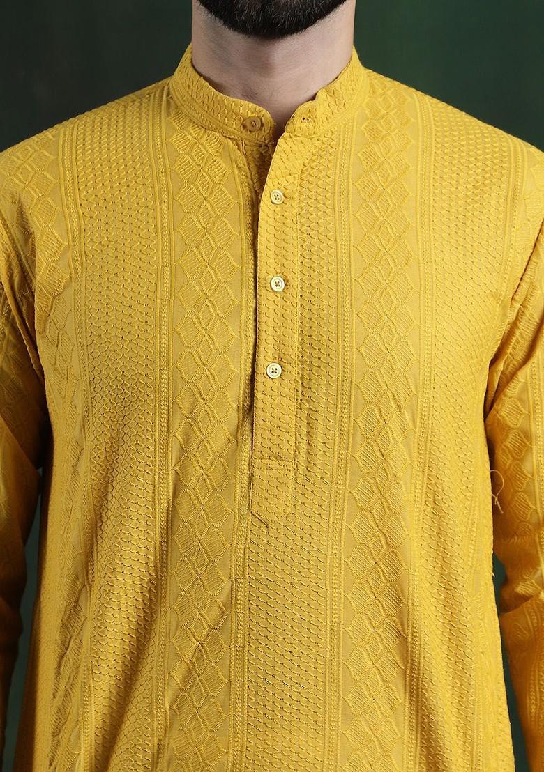 Mustard Thread Work Cotton Kurta Set For Men