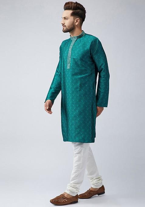 Green Solid Poly Blend Kurta Set For Men