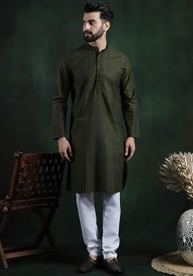 Green Thread Work Cotton Kurta Set For Men