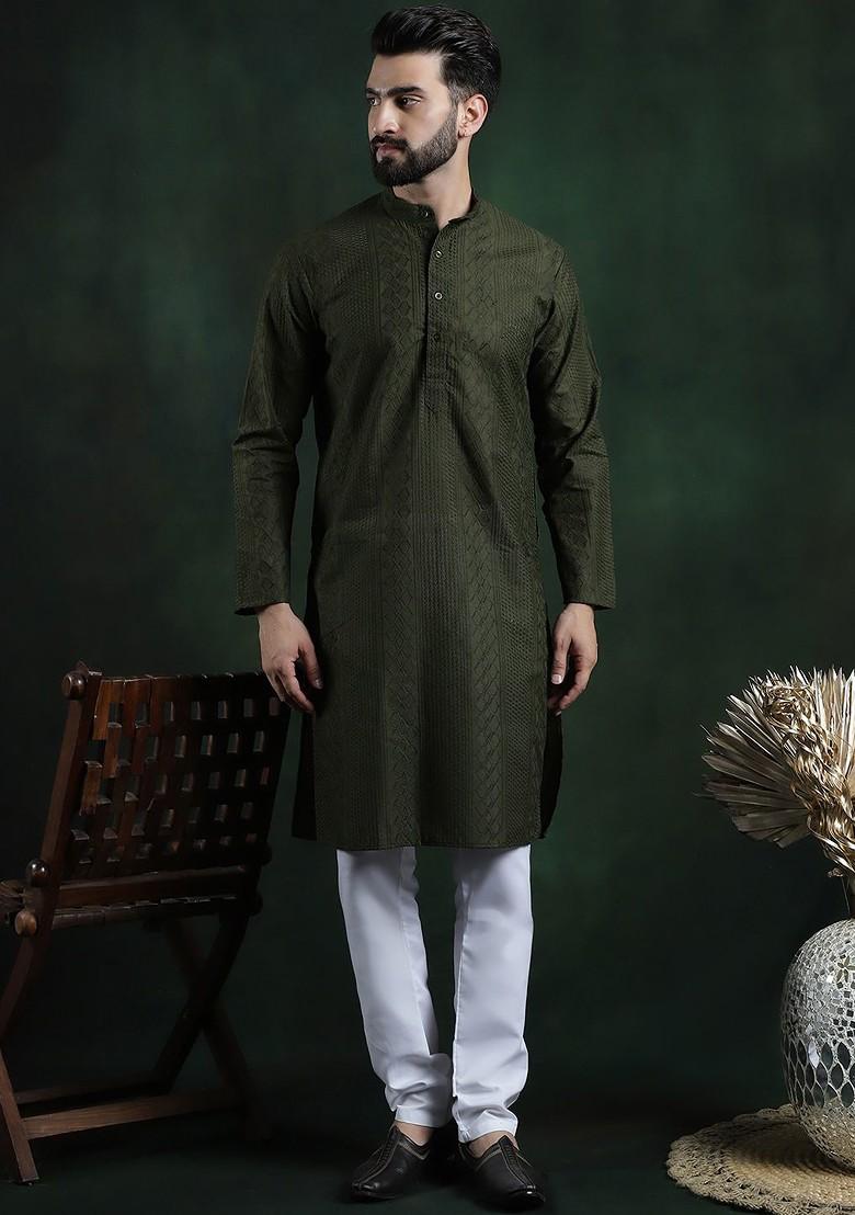 Green Thread Work Cotton Kurta Set For Men