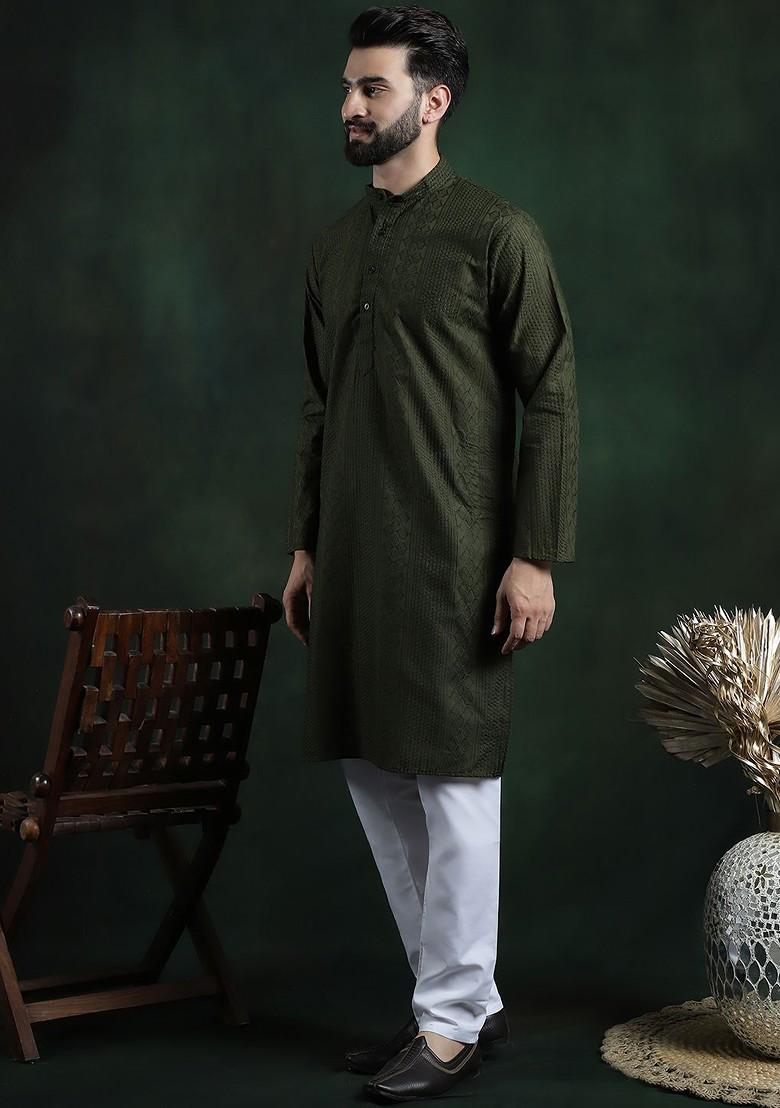Green Thread Work Cotton Kurta Set For Men