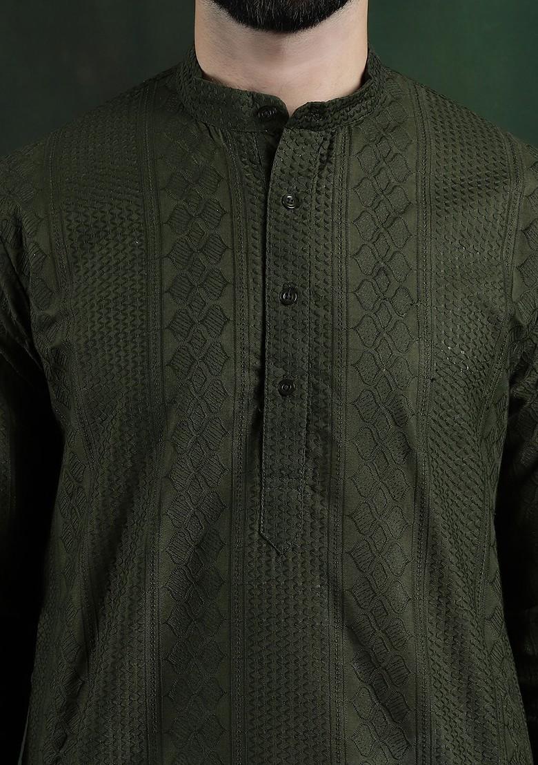 Green Thread Work Cotton Kurta Set For Men