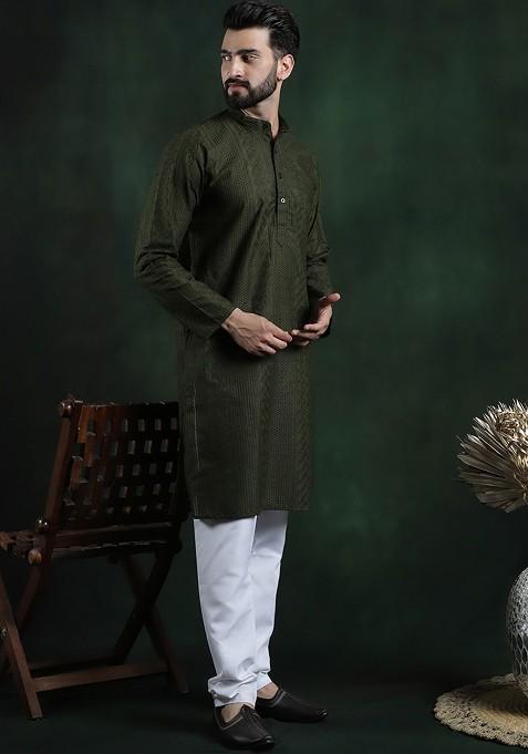 Green Thread Work Cotton Kurta Set For Men