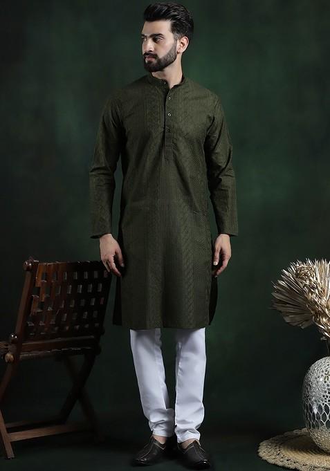Green Thread Work Cotton Kurta Set For Men
