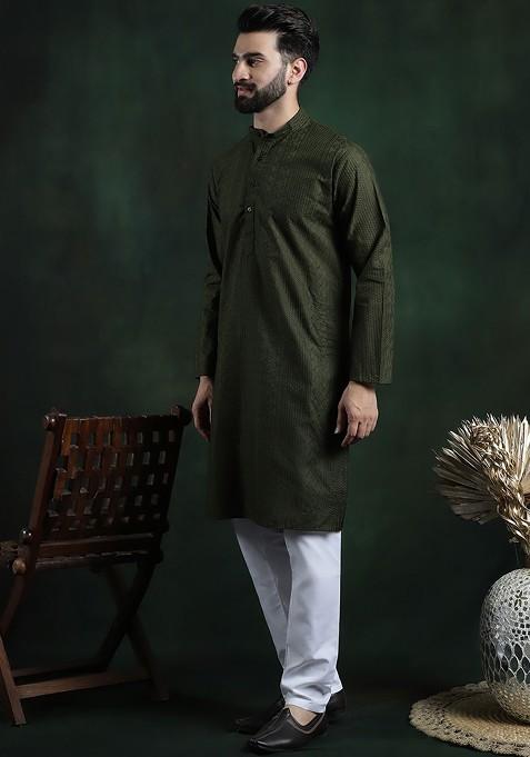 Green Thread Work Cotton Kurta Set For Men