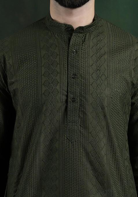 Green Thread Work Cotton Kurta Set For Men