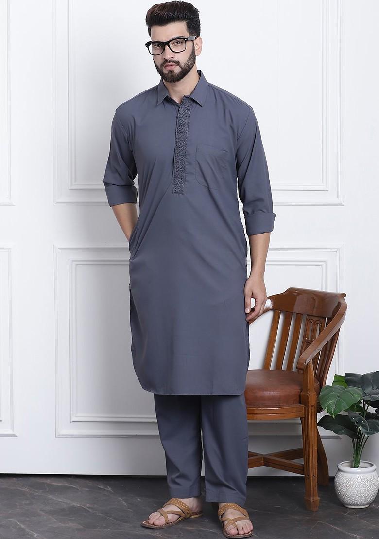Blue Solid Poly Blend Kurta Set For Men