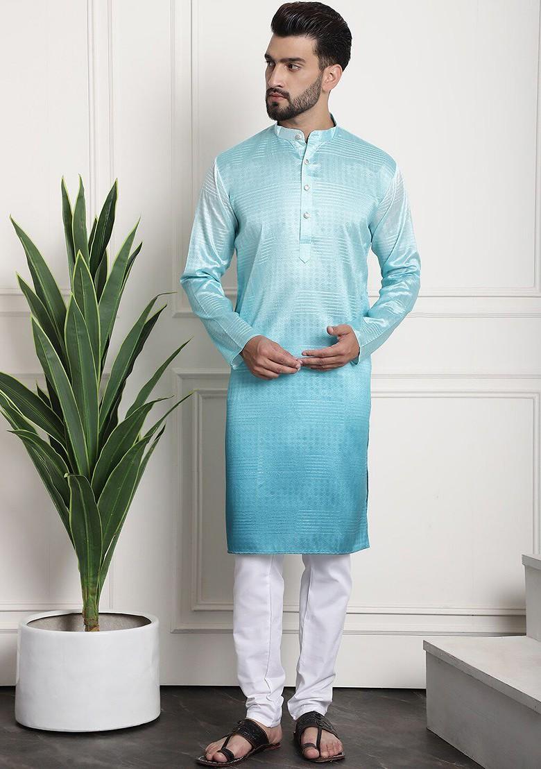 Sea Green Woven Poly Blend Kurta Set For Men