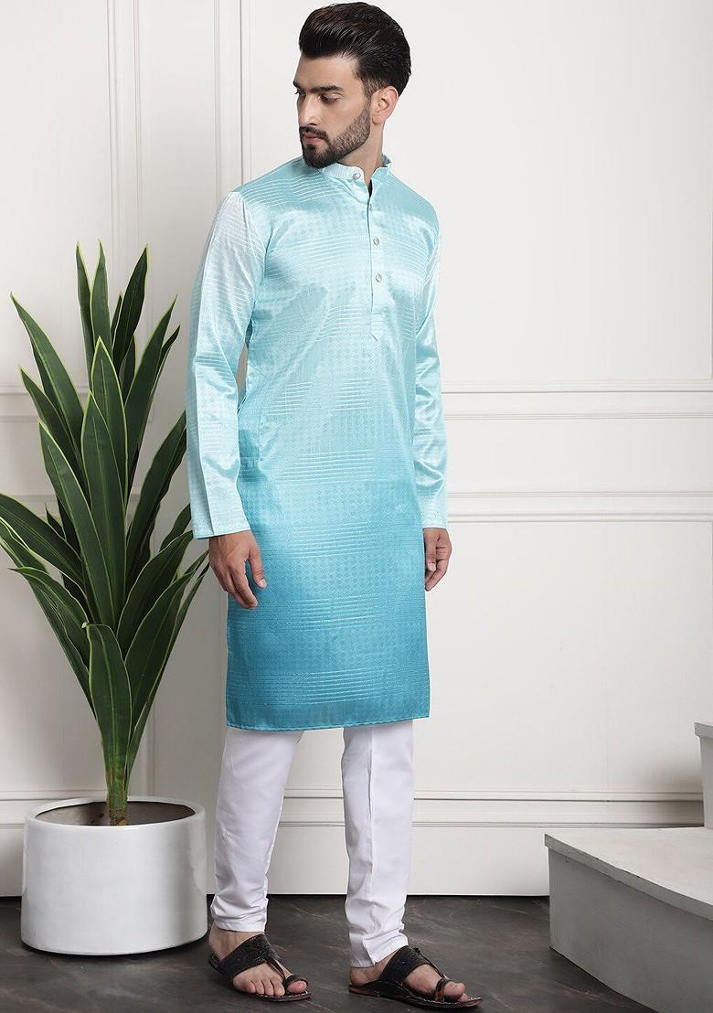 Sea Green Woven Poly Blend Kurta Set For Men
