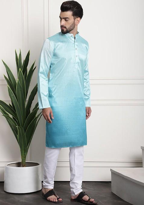 Sea Green Woven Poly Blend Kurta Set For Men