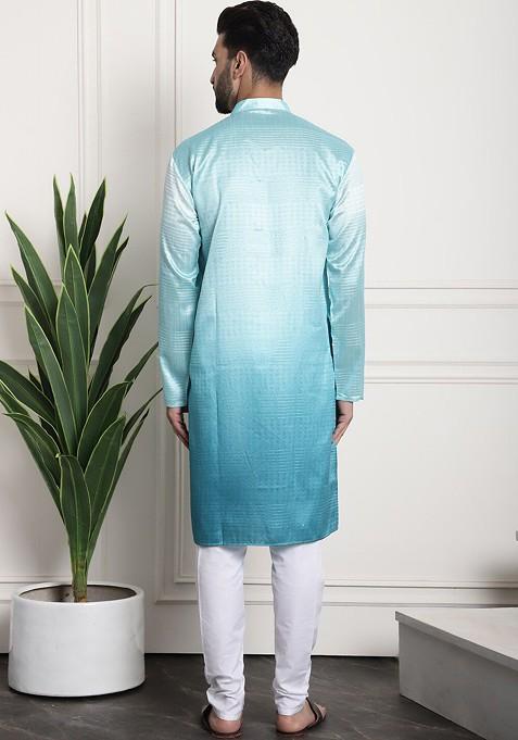 Sea Green Woven Poly Blend Kurta Set For Men