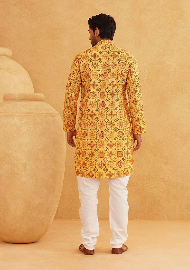 Yellow Ethnic Motifs Poly Blend Kurta Set For Men