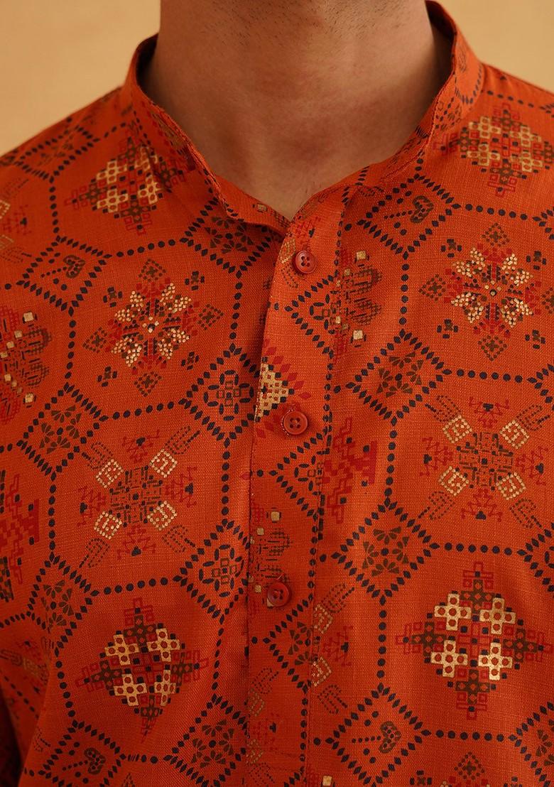 Orange Ethnic Motifs Poly Blend Kurta Set For Men
