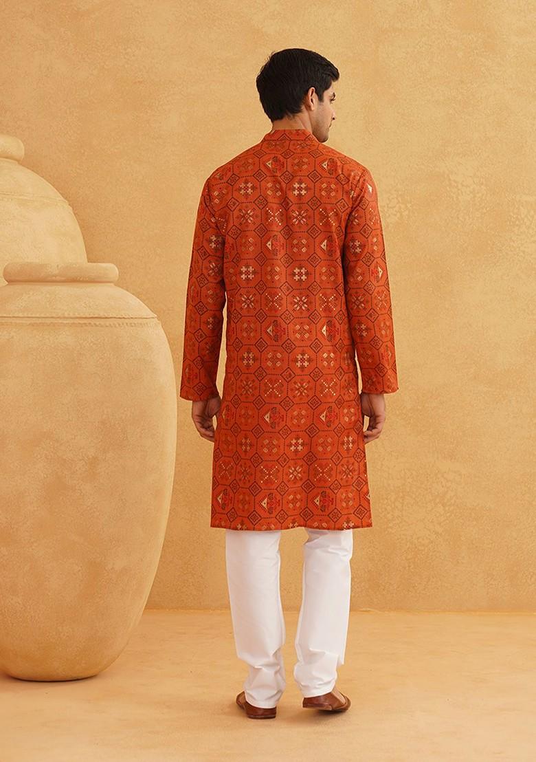 Orange Ethnic Motifs Poly Blend Kurta Set For Men