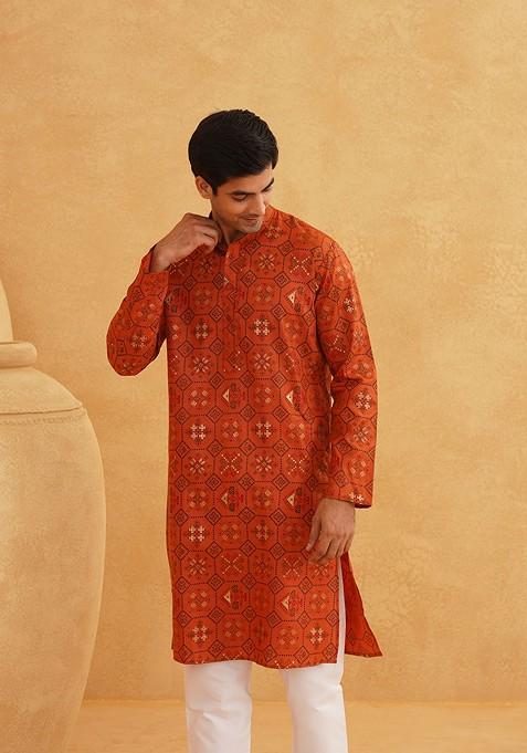 Orange Ethnic Motifs Poly Blend Kurta Set For Men
