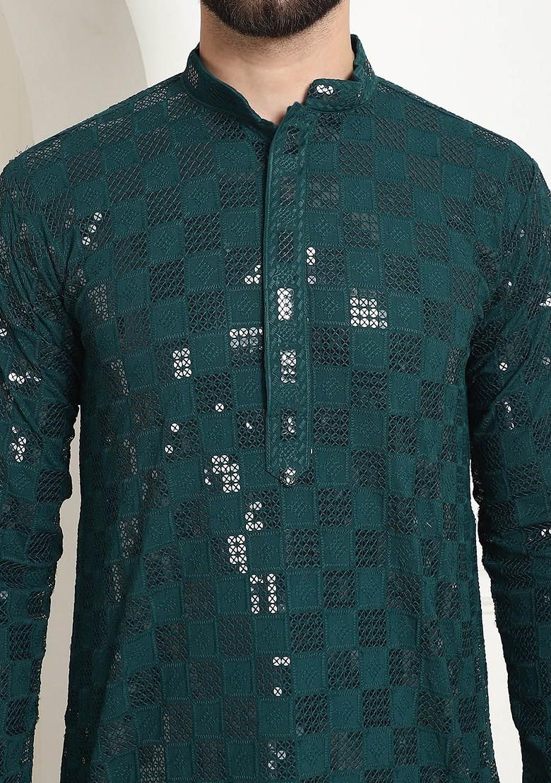 Green Embroidered Cotton Kurta Set For Men